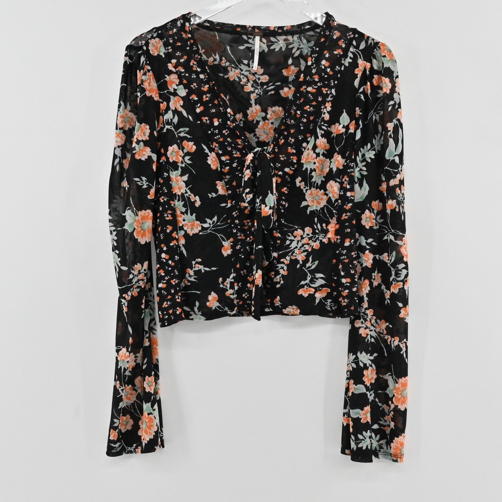 Free People Floral Mesh Tie Front Top Womens Size S Black Orange Y2K Boho Sheer